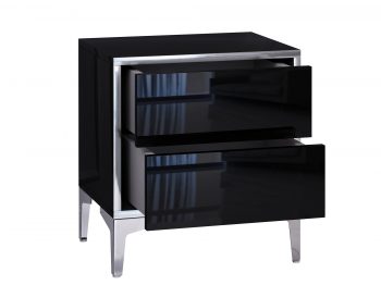 Nachttisch Monako Schwarz Hochglanz – auf silbernen Füßen im Schlafzimmer