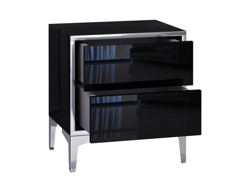 Nachttisch Monako Schwarz Hochglanz – auf silbernen Füßen im Schlafzimmer