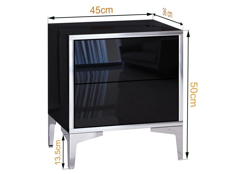 Nachttisch Monako Schwarz Hochglanz mit Maßen, technische Zeichnung der Abmessungen