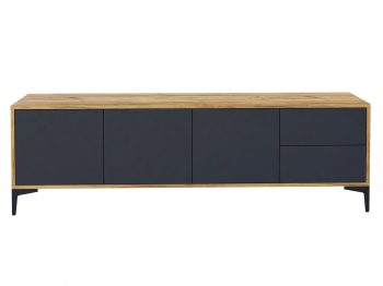 TV-Lowboard Monako 180cm Schwarz Matt mit Eiche Craft Gold, Frontansicht auf weißem Hintergrund.