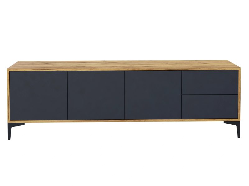 TV-Lowboard Monako 180cm Schwarz Matt mit Eiche Craft Gold, Frontansicht auf weißem Hintergrund.