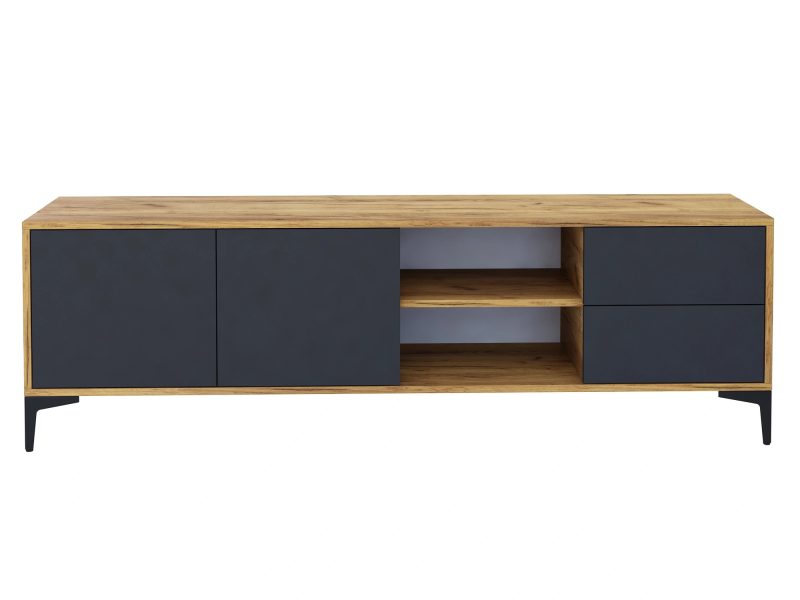 TV-Lowboard Monako 180cm Schwarz Matt mit Eiche Craft Gold, offene Fächer und Schubladen sichtbar.