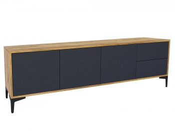 TV-Lowboard Monako 180cm Schwarz Matt mit Eiche Craft Gold, schräge Vorderansicht.