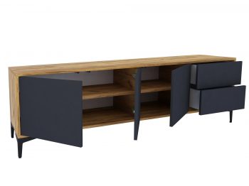 TV-Lowboard Monako 180cm Schwarz Matt mit Eiche Craft Gold, geöffnet mit Türen und Schubladen.