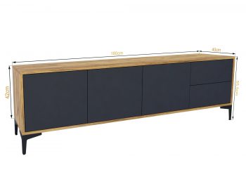 TV-Lowboard Monako 180cm Schwarz Matt mit Eiche Craft Gold, Maße 180x55,5x40cm mit Beschriftung.