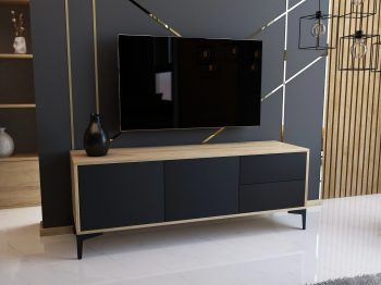 TV-Lowboard Monako 136cm Schwarz Matt mit Eiche Craft Gold