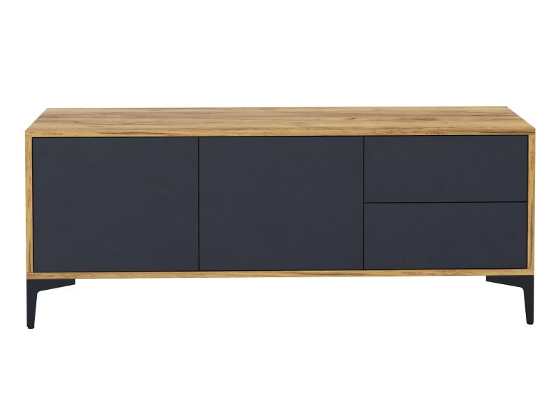 TV-Lowboard Monako 136cm Schwarz Matt mit Eiche Craft Gold, Frontansicht auf weißem Hintergrund.