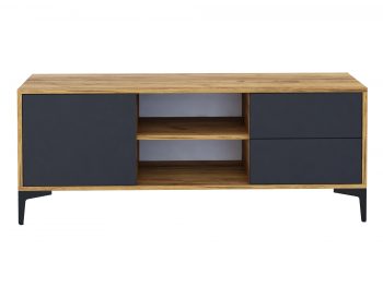 TV-Lowboard Monako 136cm Schwarz Matt mit Eiche Craft Gold, offene Fächer sichtbar.