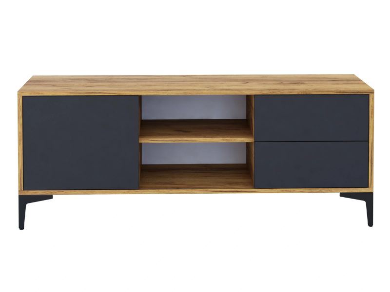 TV-Lowboard Monako 136cm Schwarz Matt mit Eiche Craft Gold, offene Fächer sichtbar.