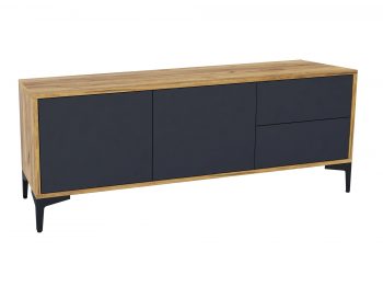 TV-Lowboard Monako 136cm Schwarz Matt mit Eiche Craft Gold, schräge Vorderansicht.
