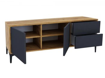 TV-Lowboard Monako 136cm Schwarz Matt mit Eiche Craft Gold, geöffnet mit Türen und Schubladen.