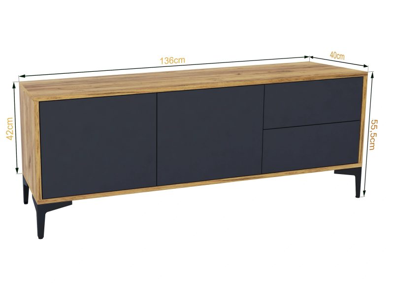 TV-Lowboard Monako 136cm Schwarz Matt mit Eiche Craft Gold, Maße 136x55,5x40cm mit Beschriftung.