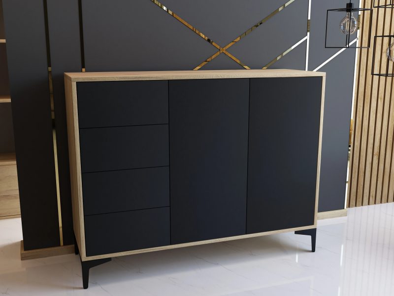 Kommode Monako 118cm Schwarz Matt mit Eiche Craft Gold in modernem Wohnzimmer.
