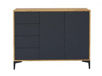 Kommode Monako 118cm Schwarz Matt mit Eiche Craft Gold, Frontansicht auf weißem Hintergrund.