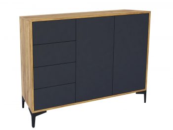 Kommode Monako 118cm Schwarz Matt mit Eiche Craft Gold, schräge Vorderansicht.