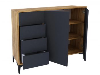 Kommode Monako 118cm Schwarz Matt mit Eiche Craft Gold, geöffnet mit Schubladen und Türen.