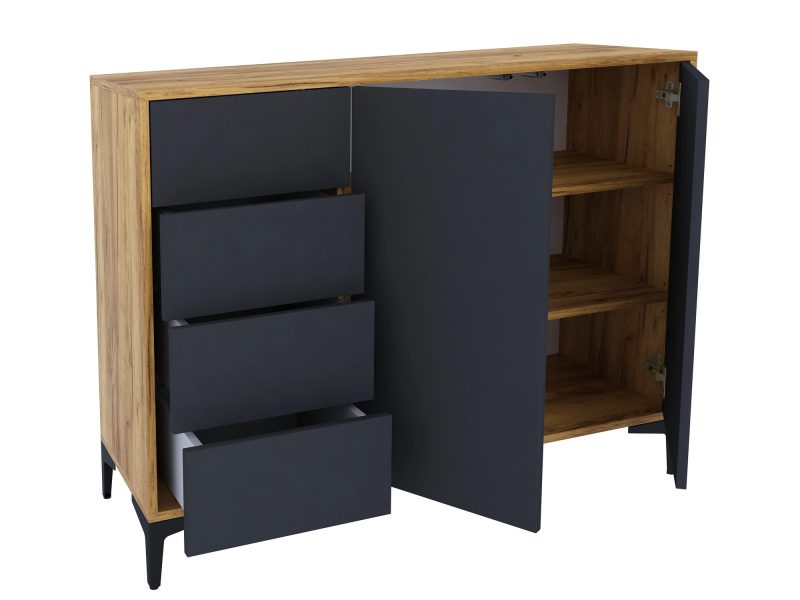 Kommode Monako 118cm Schwarz Matt mit Eiche Craft Gold, geöffnet mit Schubladen und Türen.