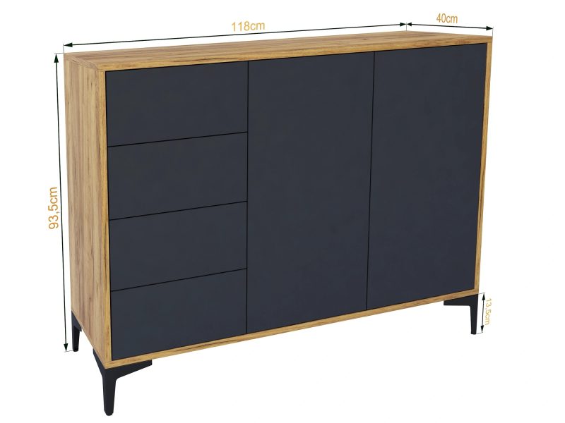 Kommode Monako 118cm Schwarz Matt mit Eiche Craft Gold, Maße 118x93,5x40cm mit Beschriftung.