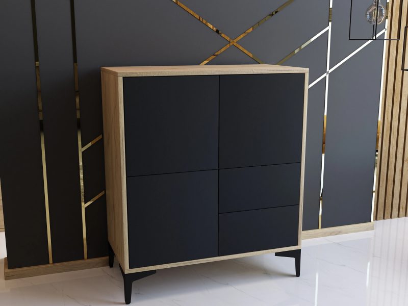 Kommode Monako 80cm Schwarz Matt mit Eiche Craft Gold in modernem Wohnzimmer.