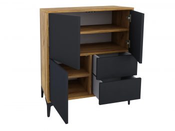 Kommode Monako 80cm Schwarz Matt mit Eiche Craft Gold, geöffnet mit Türen und Schubladen.