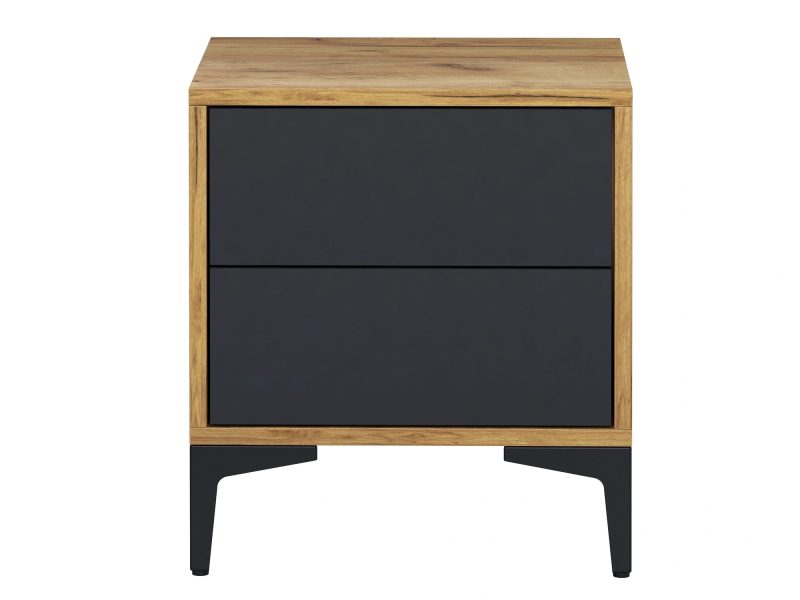 Nachttisch Monako 45cm Schwarz Matt mit Eiche Craft Gold, Frontansicht im Schlafzimmer.