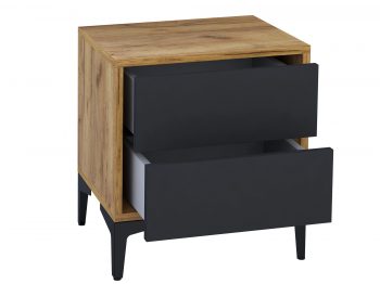 Nachttisch Monako 45cm Schwarz Matt mit Eiche Craft Gold, geöffnet mit zwei Schubladen.