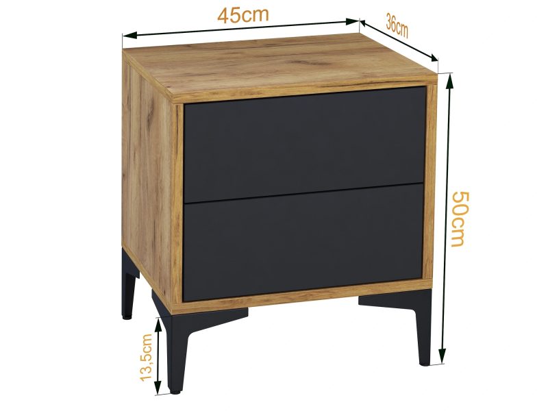 Nachttisch Monako 45cm Schwarz Matt mit Eiche Craft Gold, Maße 45x50x36cm mit Beschriftung.