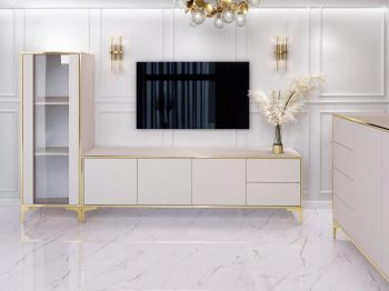 Wohnwand mit TV-Lowboard Monako 180cm und passender Vitrine in Kaschmir Matt mit goldenen Details