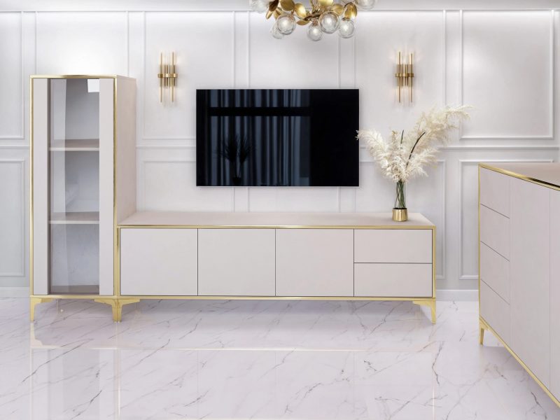 Wohnwand mit TV-Lowboard Monako 180cm und passender Vitrine in Kaschmir Matt mit goldenen Details