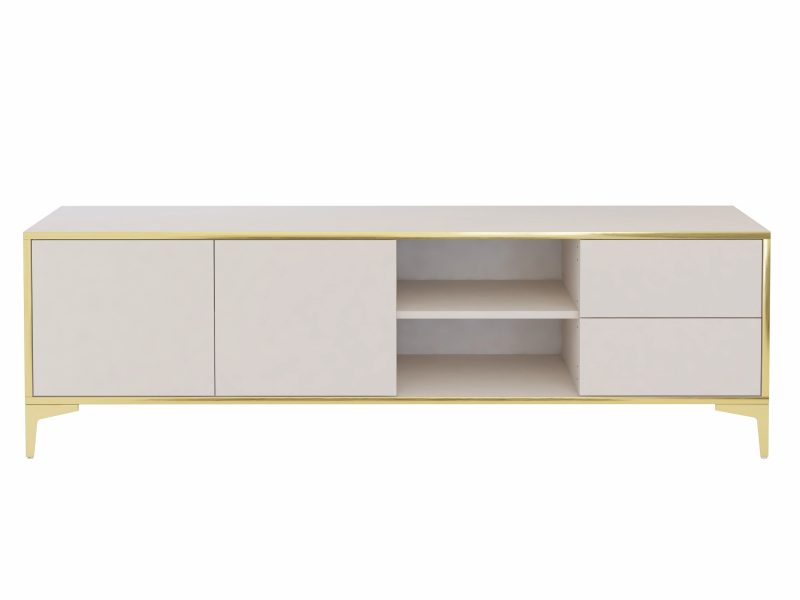 TV-Lowboard Monako 180cm mit offenen Regalfächern und Schubladen in Kaschmir Matt und Goldakzenten