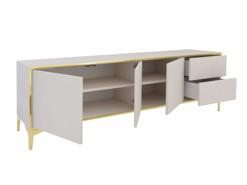 Geöffnete TV-Lowboard Monako 180cm mit Schubladen und Türen, Stauraum sichtbar