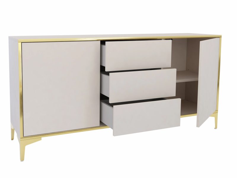 Geöffnete Kommode Monako 154cm mit drei Schubladen und zwei Türen in Kaschmir Matt