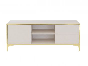 TV-Lowboard Monako 136cm mit offenen Regalfächern und Schubladen in Kaschmir Matt und Goldakzenten