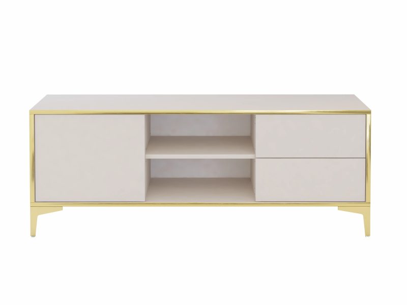 TV-Lowboard Monako 136cm mit offenen Regalfächern und Schubladen in Kaschmir Matt und Goldakzenten