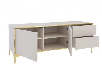 Geöffnete TV-Lowboard Monako 136cm mit zwei Türen und zwei Schubladen in Kaschmir Matt