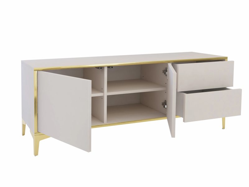 Geöffnete TV-Lowboard Monako 136cm mit zwei Türen und zwei Schubladen in Kaschmir Matt