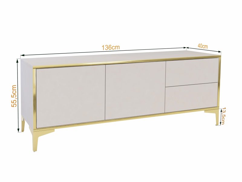 Maßskizze TV-Lowboard Monako 136cm Kaschmir Matt mit goldenen Akzenten und Abmessungen