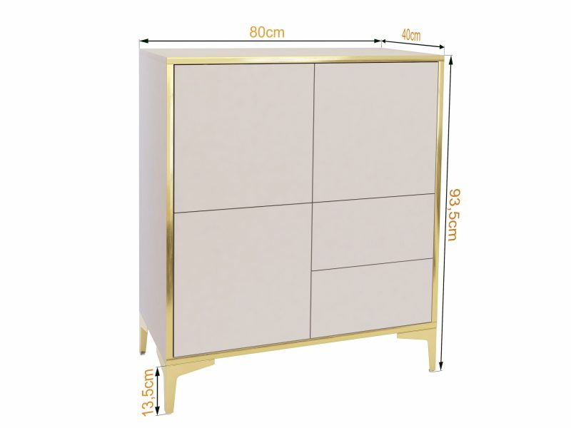 Maßskizze Kommode Monako 80cm Kaschmir Matt mit goldenen Akzenten und Abmessungen
