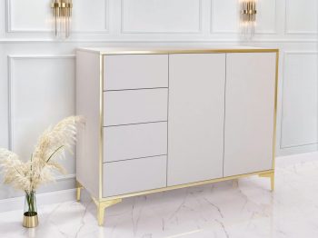 Seitenansicht Kommode Monako 118cm in Kaschmir Matt mit goldenen Details und Dekoration