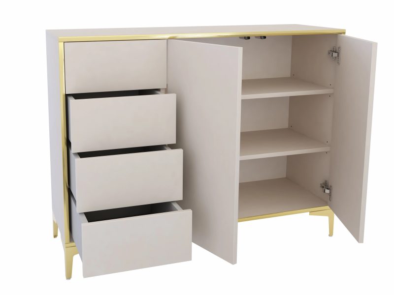 Geöffnete Kommode Monako 118cm mit vier Schubladen und zwei Türen in Kaschmir Matt