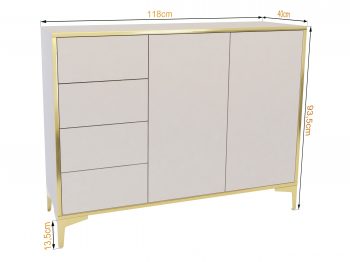 Maßskizze Kommode Monako 118cm Kaschmir Matt mit goldenen Akzenten und Abmessungen