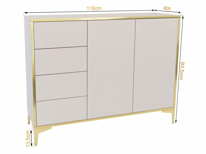 Maßskizze Kommode Monako 118cm Kaschmir Matt mit goldenen Akzenten und Abmessungen