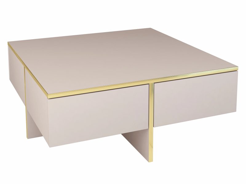 Quadratischer Couchtisch Monako in Kaschmir Matt mit goldenen Details – schräge Ansicht