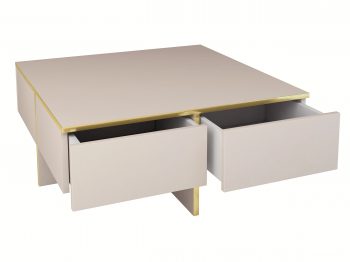 Couchtisch Monako in Kaschmir Matt mit geöffneten Schubladen und goldenen Akzenten