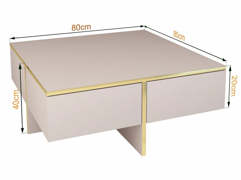 Couchtisch Monako 80x80cm in Kaschmir Matt mit goldenen Details – Ansicht mit Maßen