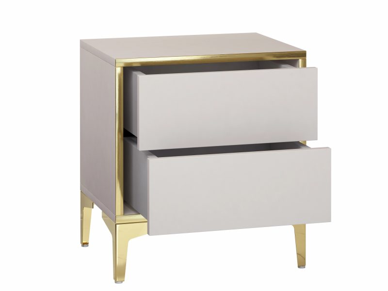 Nachttisch Monako in Kaschmir Matt mit geöffneten Schubladen und goldenen Akzenten