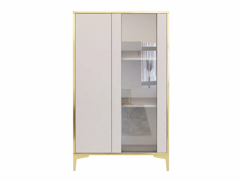 Vitrine Monako in Kaschmir Matt mit goldenen Akzenten und Glasfront – Studioaufnahme