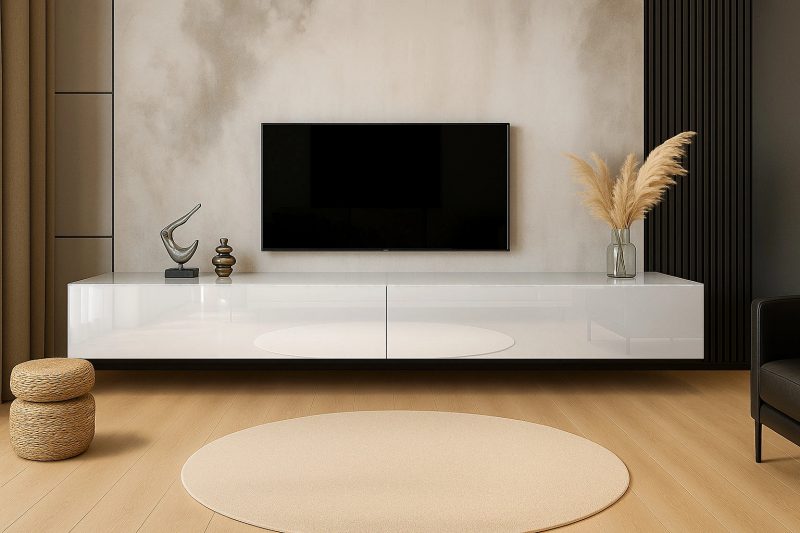 Hängendes TV-Lowboard Galizia 280cm Weiß Hochglanz mit 2 Türen im modernen Wohnzimmer.