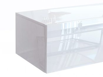 Eckdetail des TV-Lowboards Galizia Weiß Hochglanz mit glänzender Oberfläche.