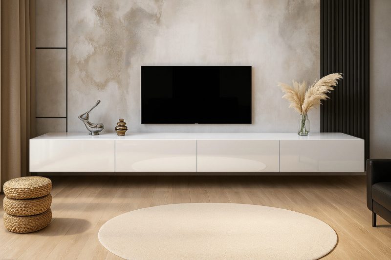 Hängendes TV-Lowboard Galizia 360cm Weiß Hochglanz mit 4 Türen im modernen Wohnzimmer.